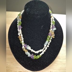 Vintage Necklace Genuine Rice Pearls gemstones  amethyst, peridot,  aquamarine